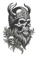  Viking Skull with beard with pine tree  with a crown made from deer antlers tattoo design idea