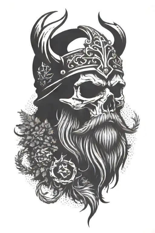  Viking Skull with beard with pine tree  with a crown made from deer antlers tattoo design idea