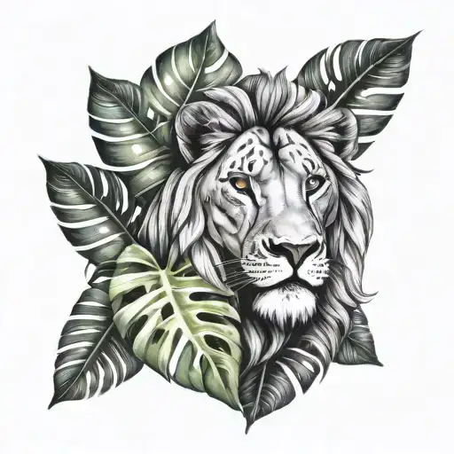 lion monstera leaf tattoo design idea