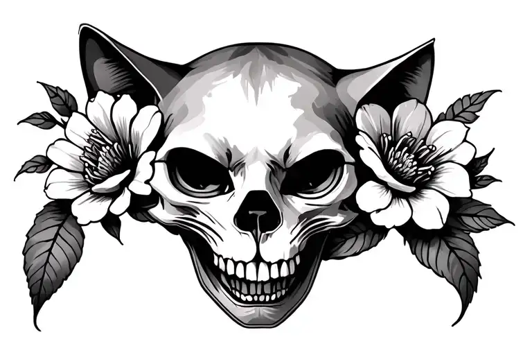 I want a forward facing cat skull with cool flowers to do on a throat area tattoo design idea