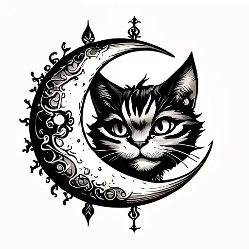friendly cheshire Cat as the moon tattoo design idea