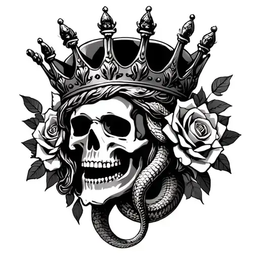 "Hail To The King" skull wearing jesus' crown with roses intertwined and a cobra around the skull tattoo design idea