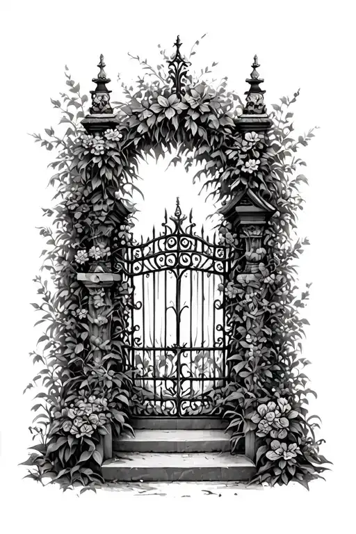 overgrown garden gate tattoo design idea