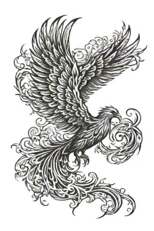 Phoenix rising with smoke emanating from its feathers, and a crown of smoke floating above. tattoo design idea