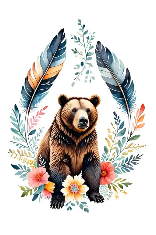 grizzly bear with feathers and flowers intertwined tattoo design idea