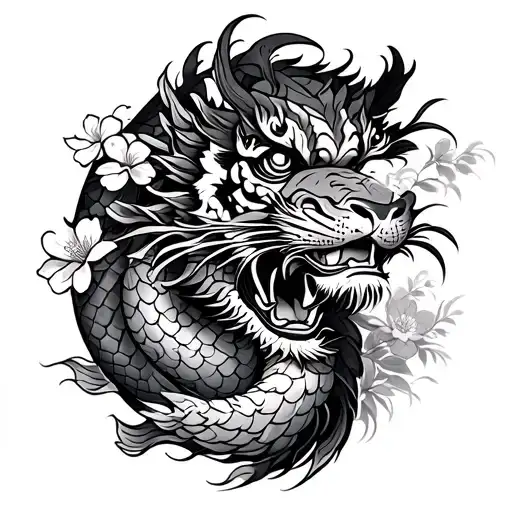 Give me a Japanese traditional tattoo outline with a dragon, koi, tiger, komainu, foo dog, and cherry blossoms  tattoo design idea