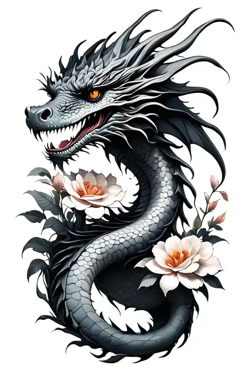dragon and flowers tattoo design idea