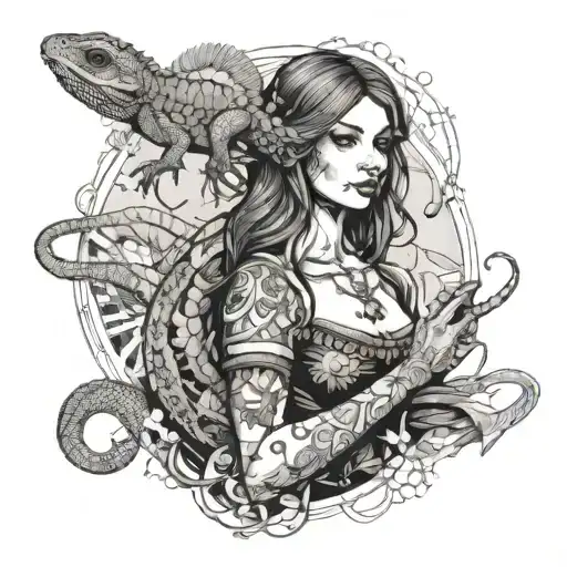 The Mistress of the Copper Mountain, holding a lizard on her hand, a sketch for a tattoo in black and white with color splashes. A full-length girl with tattoo design idea