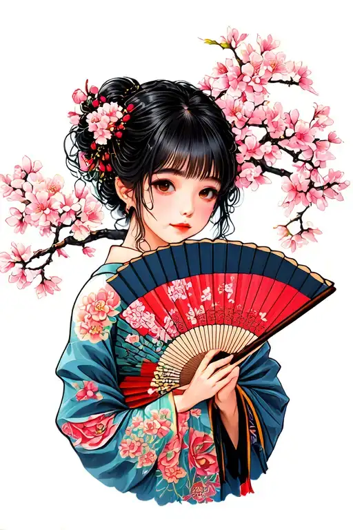 asian young girl with sakura hand fan tattoo design idea