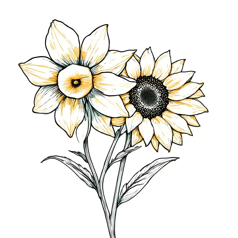 Intertwining daffodil and sunflower. Small, light colourful shading and fine lines. Bethany on one stem and nana Joan on tattoo design idea