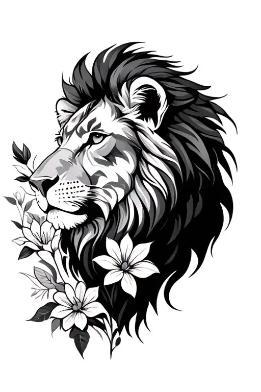 lion and cosmo flowers fine line and geometric shapes tattoo design idea