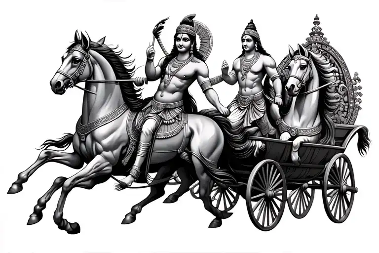 Lord Krishna and Arjuna on a chariot being pulled by horses tattoo design idea