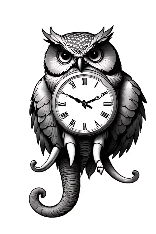 clock elephant owl tattoo design idea