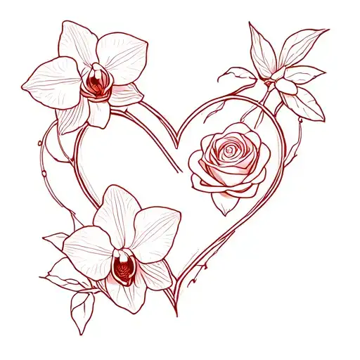 A heart, an orchid and a rose. The two flowers wiring around the heart, fine lines, minimalist tattoo design idea