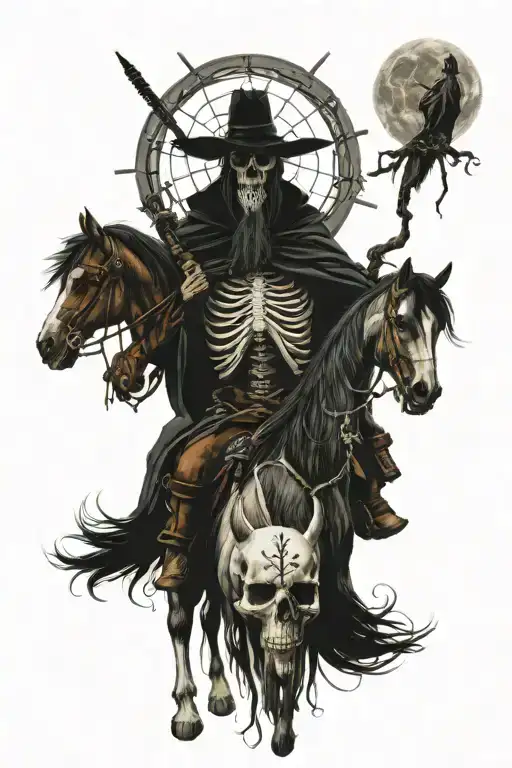 skeleton horse with cowboy grim reaper in a forest with a full moon and a dreamcatcher tattoo design idea