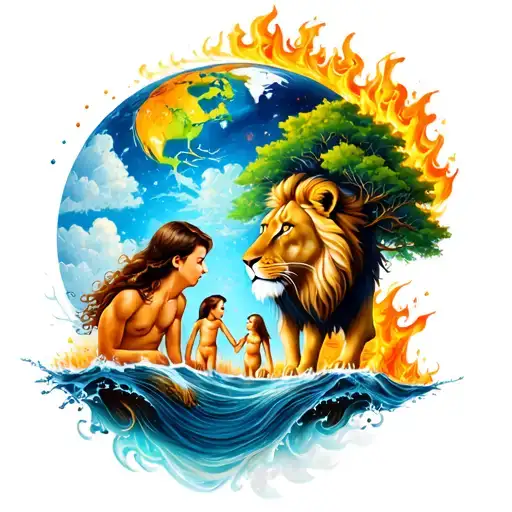 Family tattoo, Happy family, two boys, children, three girls, husband and wife, tree, sky, earth, air, water, fire, lion tattoo design idea