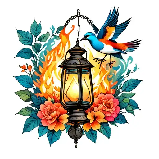Neo traditional lantern with fire smoke bird flowers leaves mucha inspired tattoo design idea