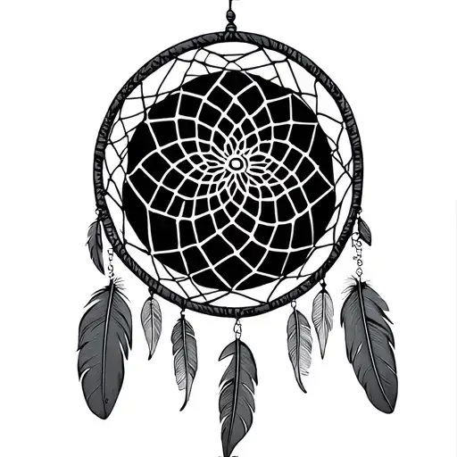 dreamcatcher for the front of the thigh, featuring feathers hanging from it, elegant and femine tattoo design idea