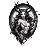 “Stylized female demon with horns, fangs, flowing hair, holding eerie object; elegant, detailed shading, surreal organic tattoo design idea