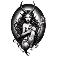 “Stylized female demon with horns, fangs, flowing hair, holding eerie object; elegant, detailed shading, surreal organic tattoo design idea