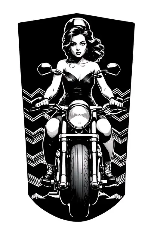 Pin up girl riding on a motor bike covering up corporal chevrons tattoo design idea