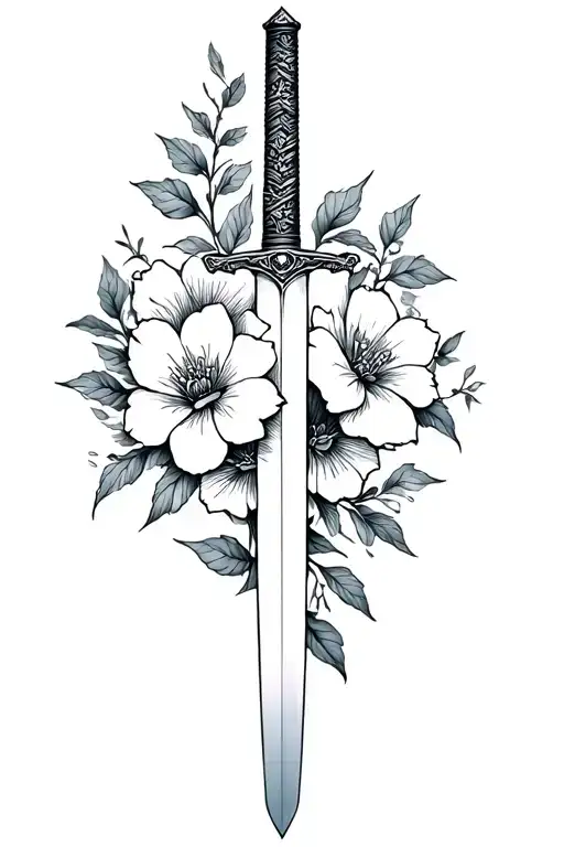 katana and flowers fine line tattoo design idea