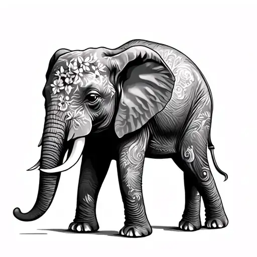 elephant with birth flowers for January, June, and August tattoo design idea