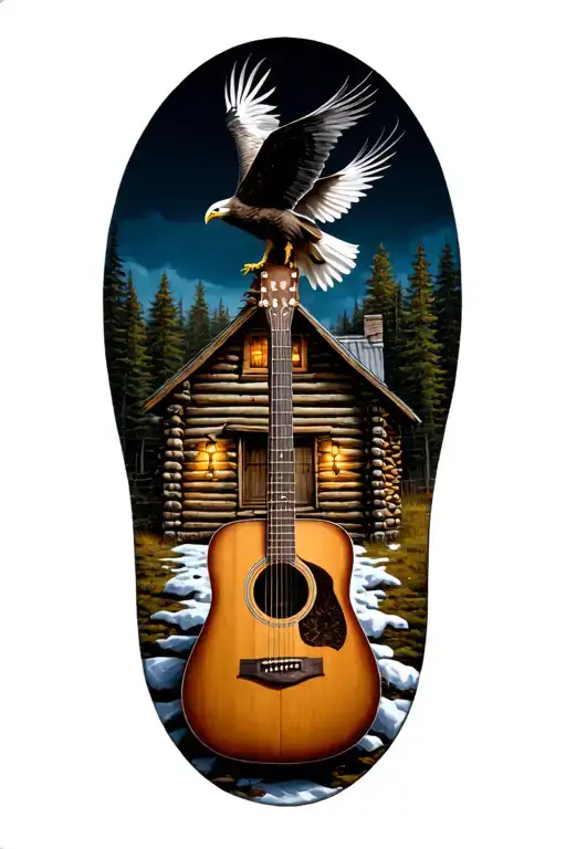 log cabin with an acoustic guitar in front and an eagle perched above. tattoo design idea