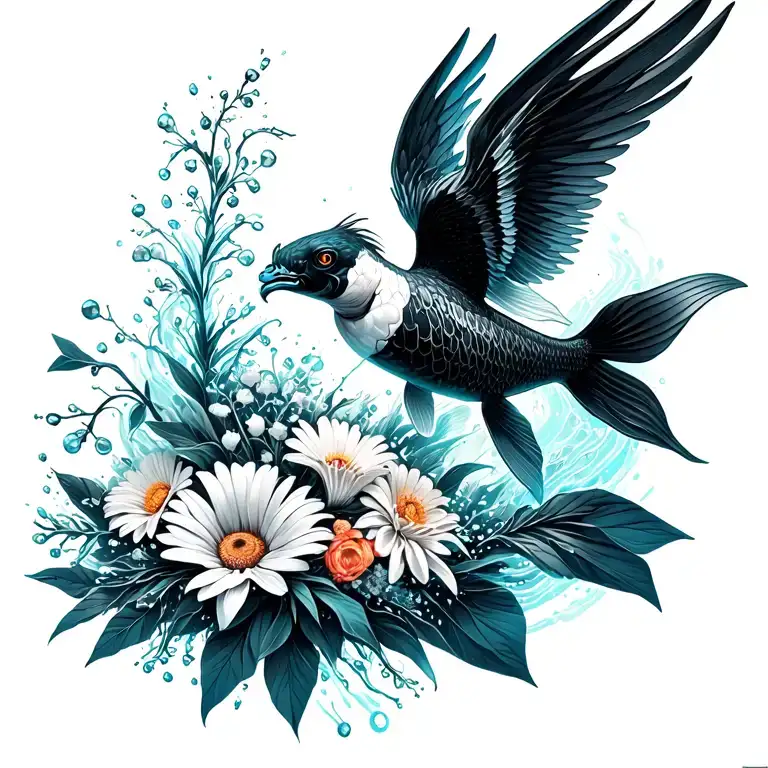 jumping Up out of water black white koi with phoenix wings, bouquet with an aster, a daisy, a lily of the valley tattoo design idea