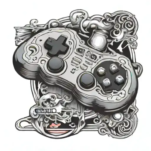 A traditional style tattoo of a gaming controller morphing into a deck of Magic the Gathering cards tattoo design idea