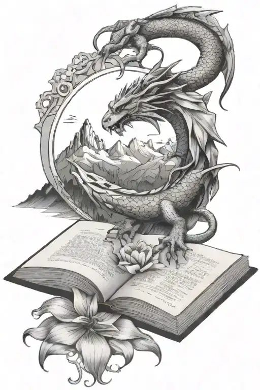 open book with mountains above a dragon, the sun, and iris flower, the number 13, a bears paw print tattoo design idea