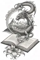open book with mountains above a dragon, the sun, and iris flower, the number 13, a bears paw print tattoo design idea