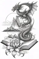 open book with mountains above a dragon, the sun, and iris flower, the number 13, a bears paw print tattoo design idea