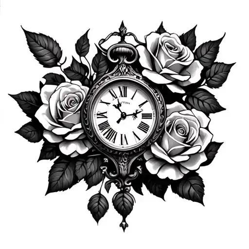 greek mythology, favela, clock, roses tattoo design idea