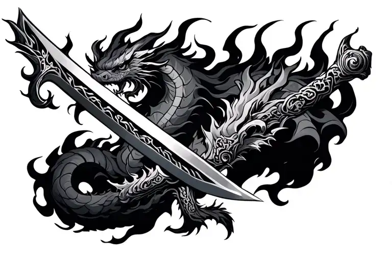 hengdang sword with four feeted flame throwing dragon tattoo design idea