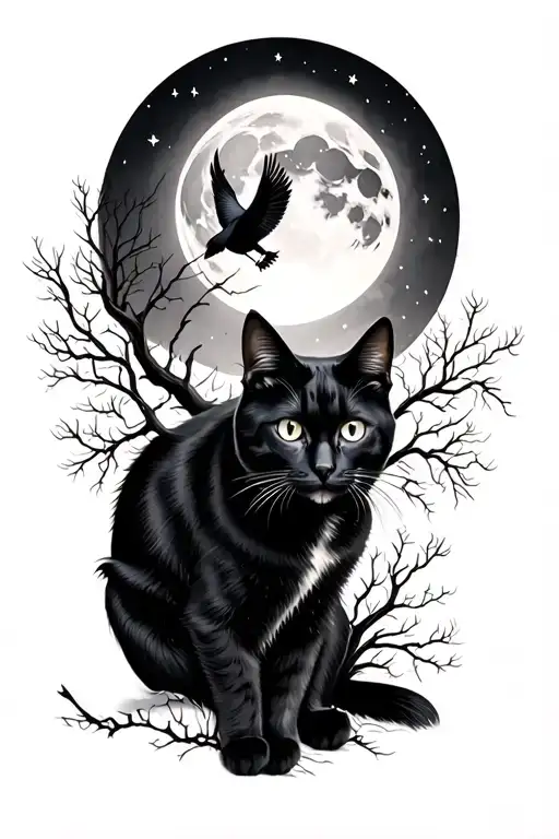 realistic black cat with trees, moon, birds. dark, halloween feel to it tattoo design idea