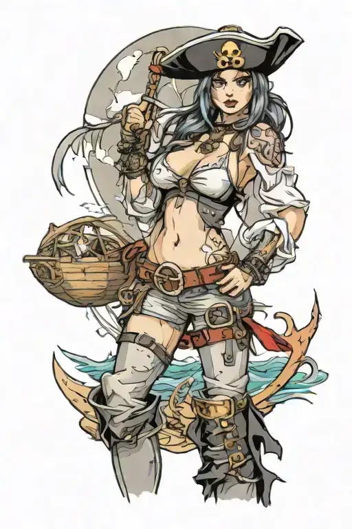 Sexy pirate girl, Gigantic Boobs, cleavage, torn clothing, skin tight pants, boots, standing on the beach by the ocean tattoo design idea