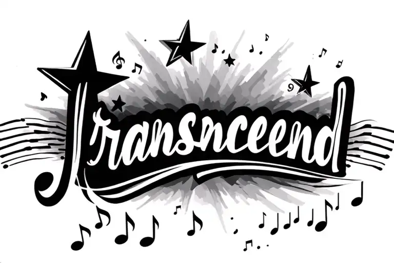 lanscape includes pintrest style 5 point stars with music notes and flowy line fading through/ around the word transcend tattoo design idea