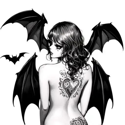 anime succubus back view, bats, nudity, hearts, shading, feminine tattoo design idea