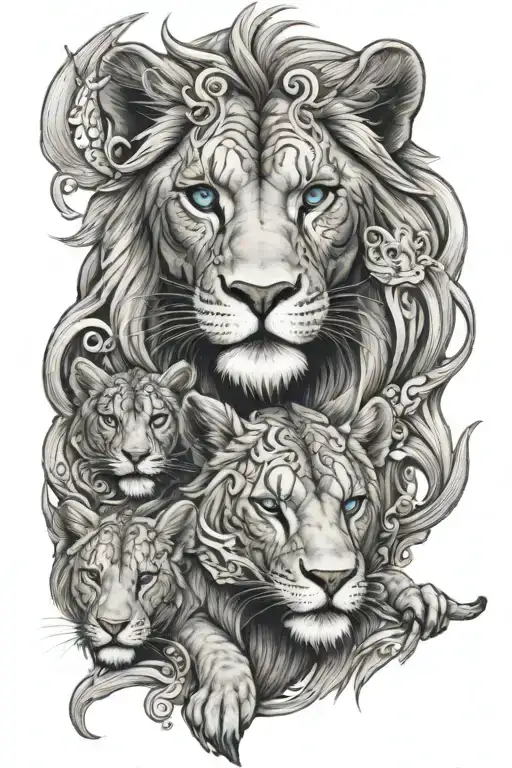 female lion guarding 2 female cubs with blue eyes white dragon tattoo design idea