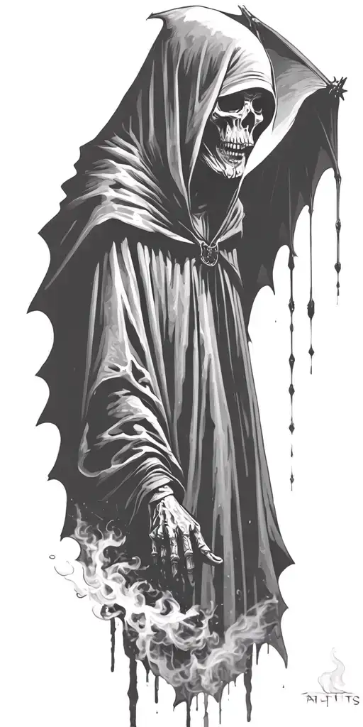 hooded reaper silohuette, smoke, fire, scary, bat wings tattoo design idea
