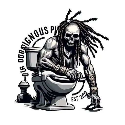 "INDIGENOUS PLUMBING EST.2020" skull dreadlock Native American warrior fixing a toilet tattoo design idea