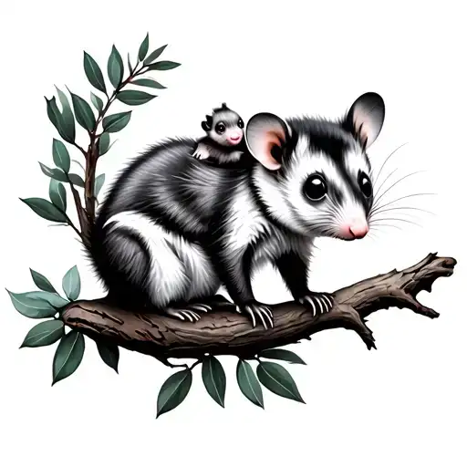 a ringtail Australian possum with a baby on her back on a eucalyptus tree branch tattoo design idea