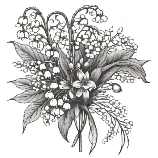 lily of the valley, hawthorne, cosmos, larkspur flowers in a bouquet together minimalist tattoo design idea