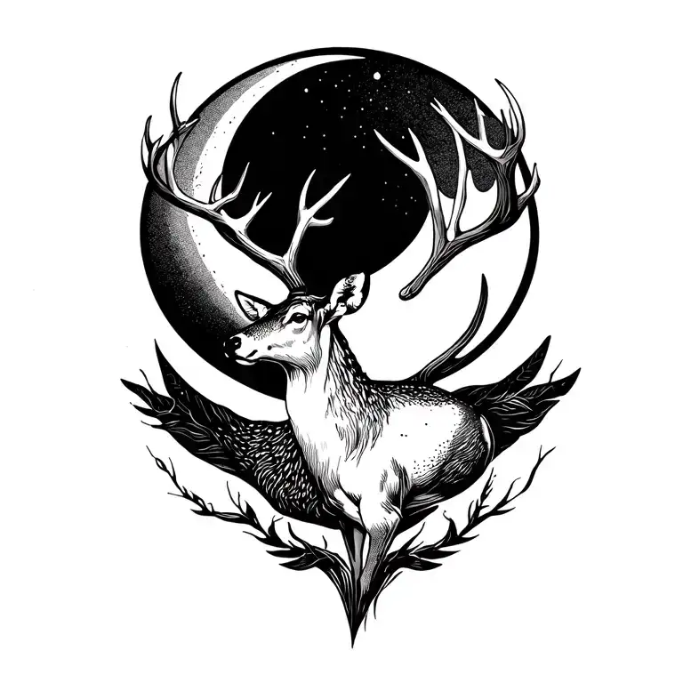 deer with moon rising tattoo design idea