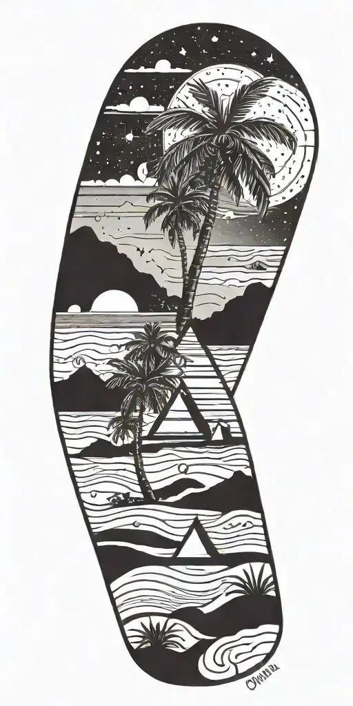 outer space, palm tree, galaxy, pyramid, shoal wintergreen dip can in the sand with a sunset tattoo design idea