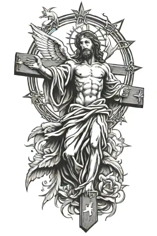 jesus on cross with doves and stars with joshua 1:9 verse tattoo design idea
