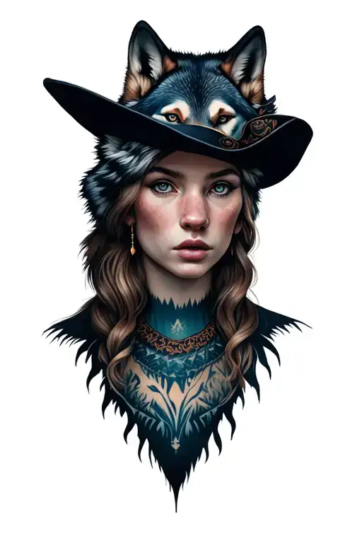 beautiful Nordic female with wolve as hat sleeve tattoo design idea