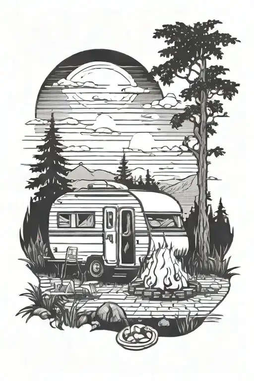 pop up camper, sunset, picnic table, bonfire tattoo design idea