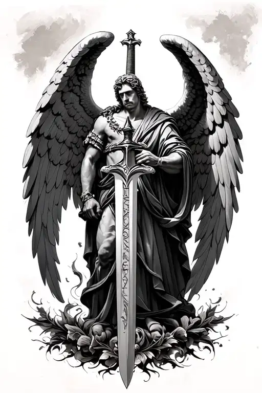 Michael the Archangel with wings and sword cathedral with German and Irish influences realism arm sleeve  tattoo design idea